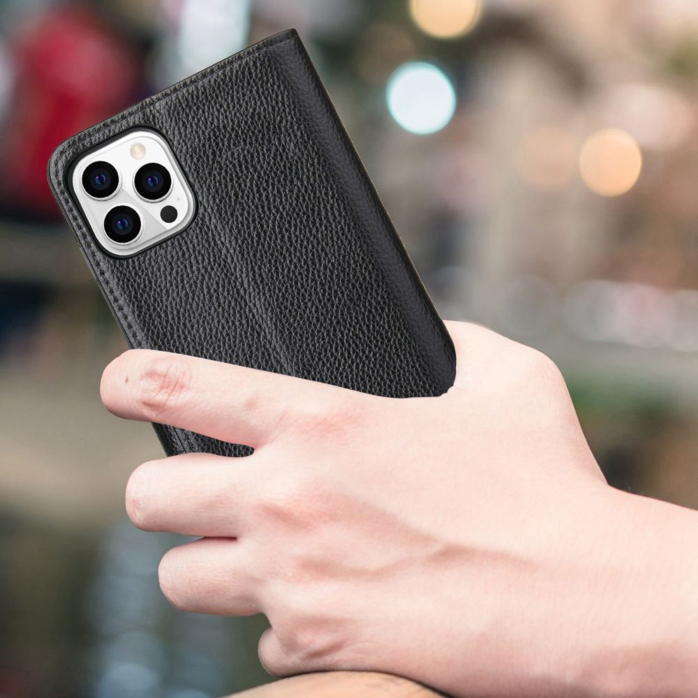For iPhone 14 Pro Max Case iCoverLover Black Genuine Cow Leather Wallet Folio Cover