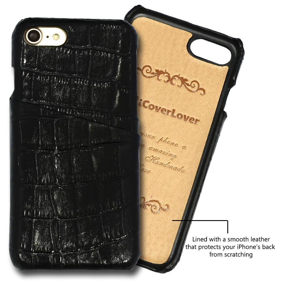 For iPhone SE 5G (2022), SE (2020) / 8 / 7 Case, Crocodile Shell Genuine Cow Leather Cover,Black