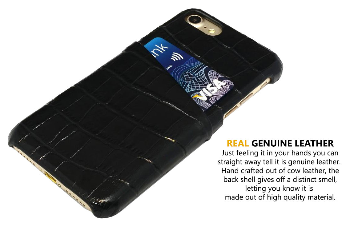 For iPhone SE 5G (2022), SE (2020) / 8 / 7 Case, Crocodile Shell Genuine Cow Leather Cover,Black