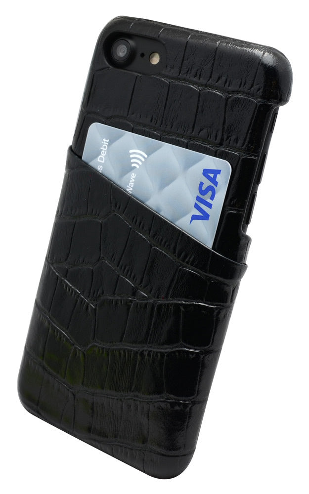For iPhone SE 5G (2022), SE (2020) / 8 / 7 Case, Crocodile Shell Genuine Cow Leather Cover,Black
