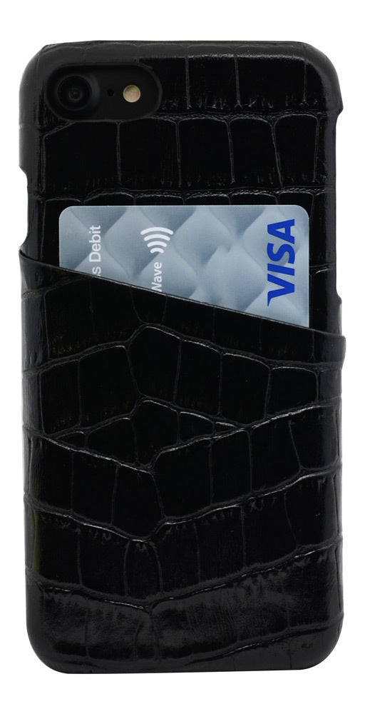 For iPhone SE 5G (2022), SE (2020) / 8 / 7 Case, Crocodile Shell Genuine Cow Leather Cover,Black