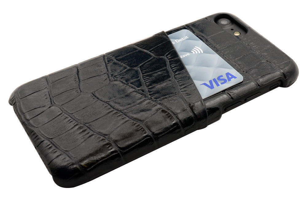 For iPhone SE 5G (2022), SE (2020) / 8 / 7 Case, Crocodile Shell Genuine Cow Leather Cover,Black