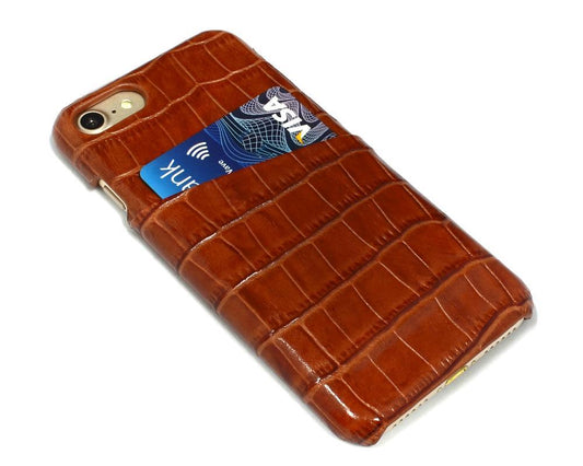 For iPhone SE 5G (2022), SE (2020) / 8 / 7 Case, Light Brown Crocodile Pattern Genuine Leather Protective Shell