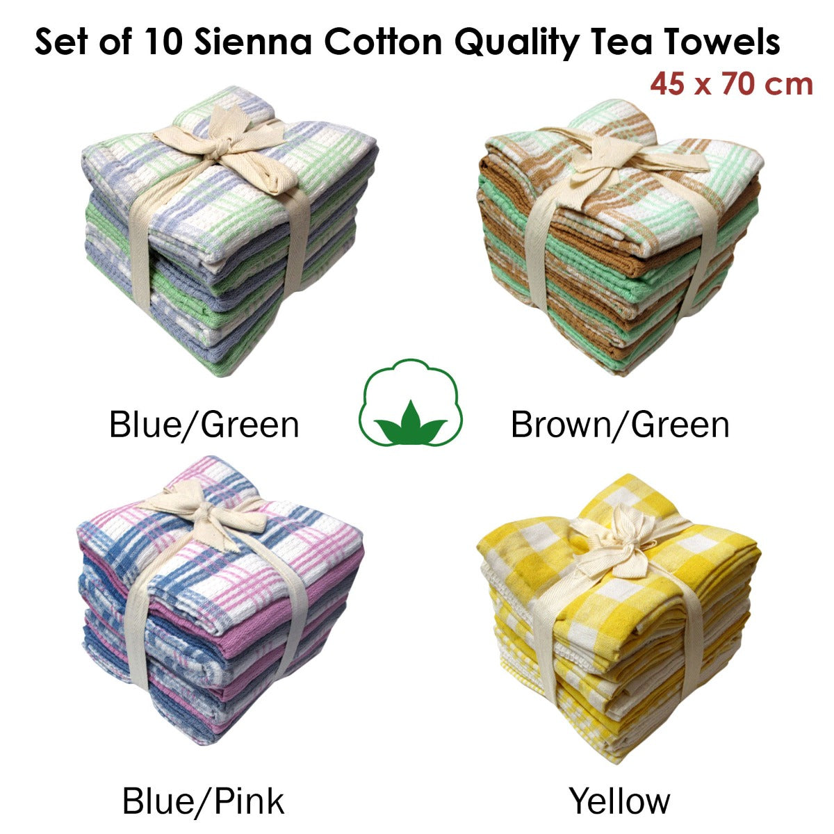 Set of 10 Sienna Cotton Tea Towels 45 x 70 cm Brown Green