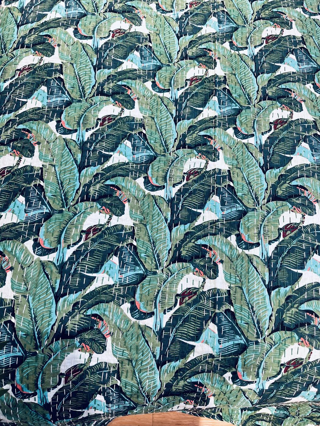 Cotton Kantha Quilt/Bedspread/Coverlet/Throw - Tropical Leaf Hand stitched Kantha