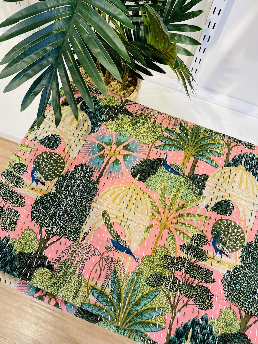 Cotton Kantha Quilt/Bedspread/Coverlet/Throw - Royal Pink Jaipuri Print Hand stitched Kantha