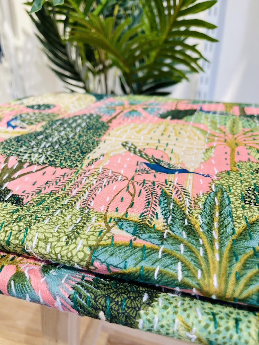 Cotton Kantha Quilt/Bedspread/Coverlet/Throw - Royal Pink Jaipuri Print Hand stitched Kantha