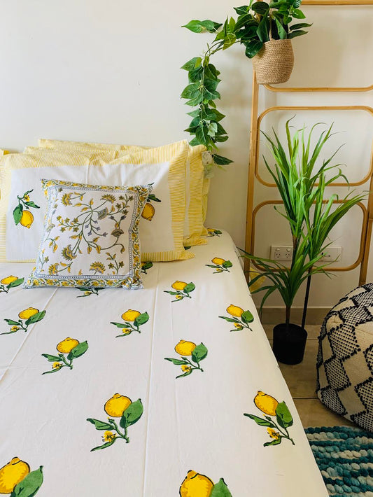 Cotton Bed sheet/Flat sheet - Lemon Hand block Printed Sheet (King size)