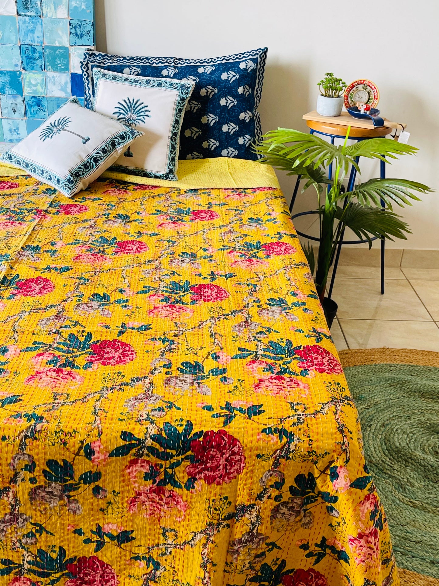 Cotton Kantha Quilt/Bedspread/Coverlet/Throw - Royal Yellow Floral Hand stitched Kantha Quilt