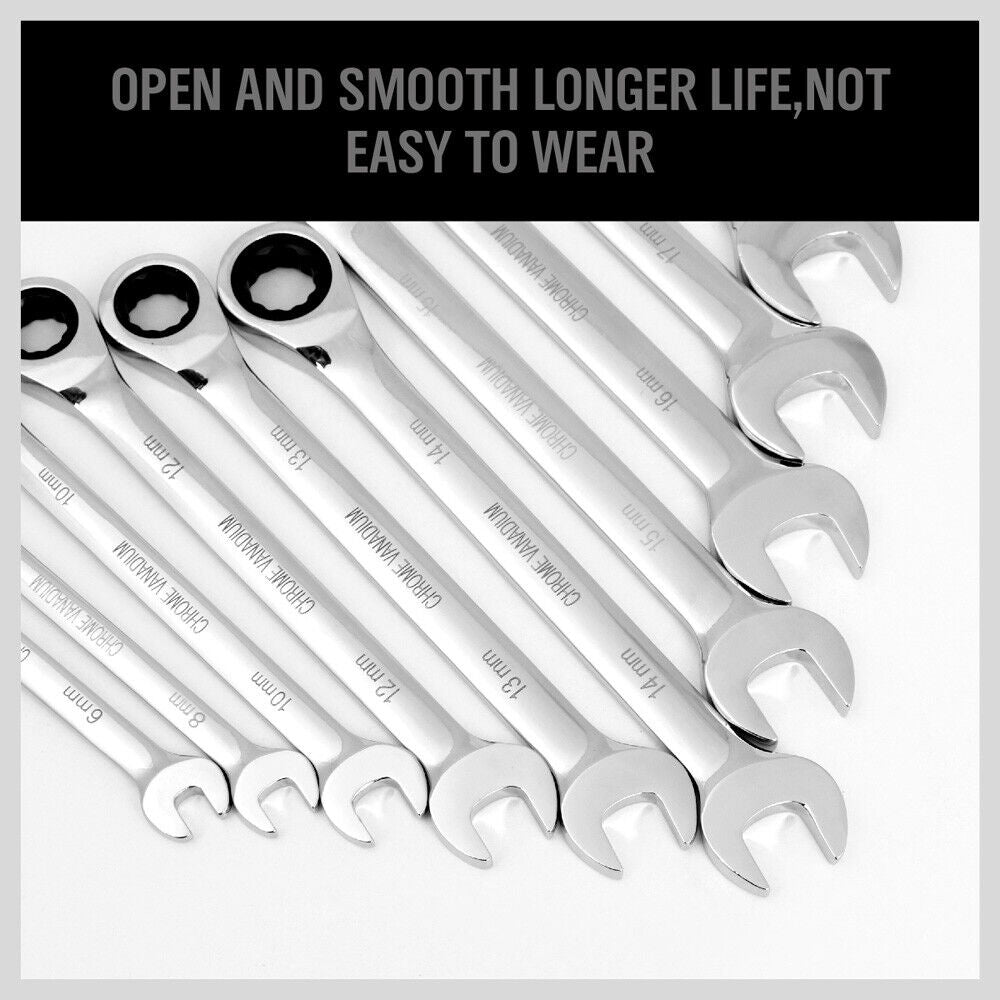 20Pc Ratchet Spanner Set Metric & Imperial Combination Wrench Open End Ring CR-V