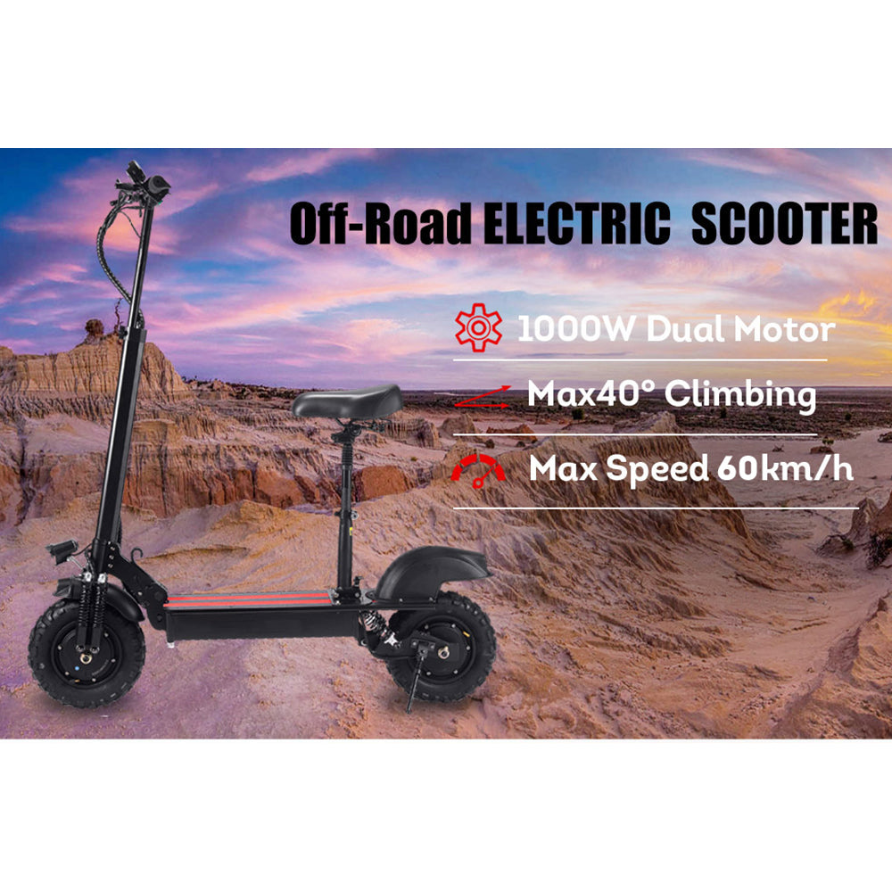 AKEZ 11SQ Dual Motors 1000W 11 Inches  Electric Scooter w/ Seat Vacuum Tyre Front& Rear Suspension - Black