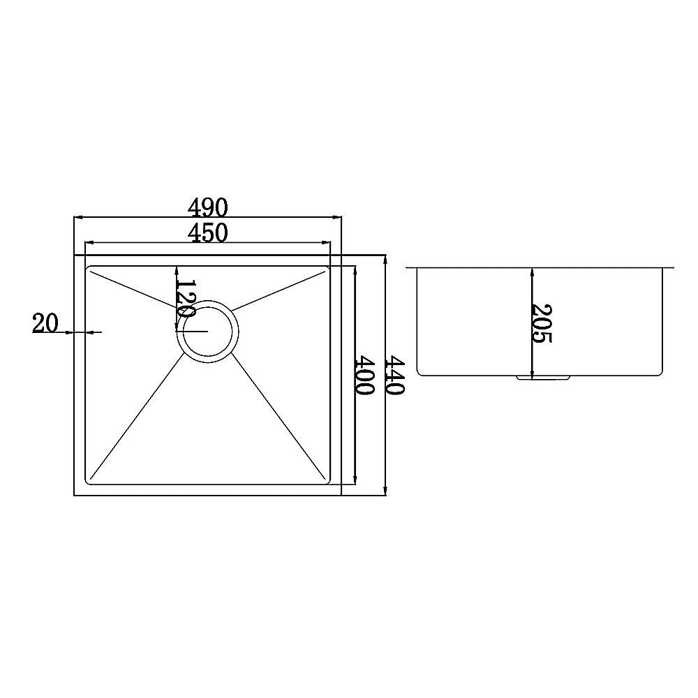 490x440mm Handmade Stainless Steel Undermount / Topmount Kitchen Laundry Sink with Waste