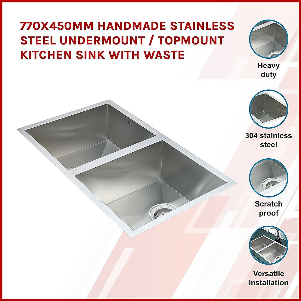 770x450mm Handmade Stainless Steel Undermount / Topmount Kitchen Sink with Waste