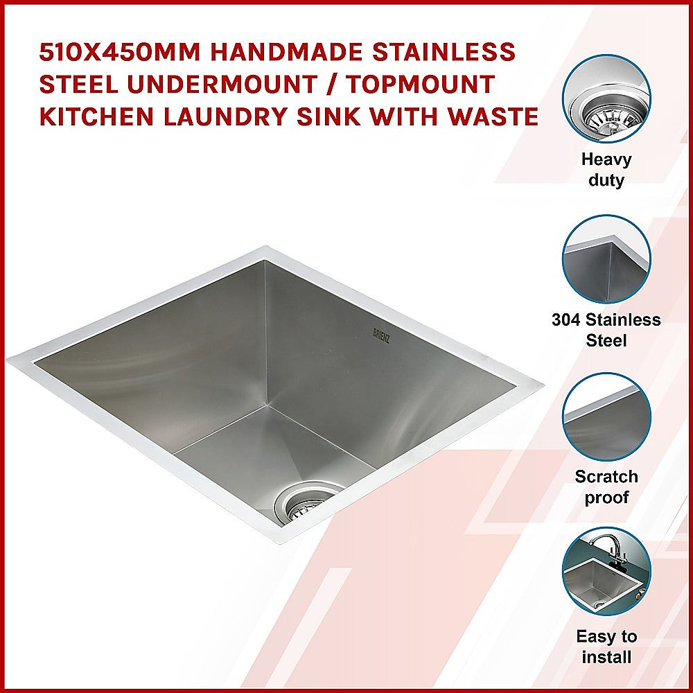 510x450mm Handmade Stainless Steel Undermount / Topmount Kitchen Laundry Sink with Waste