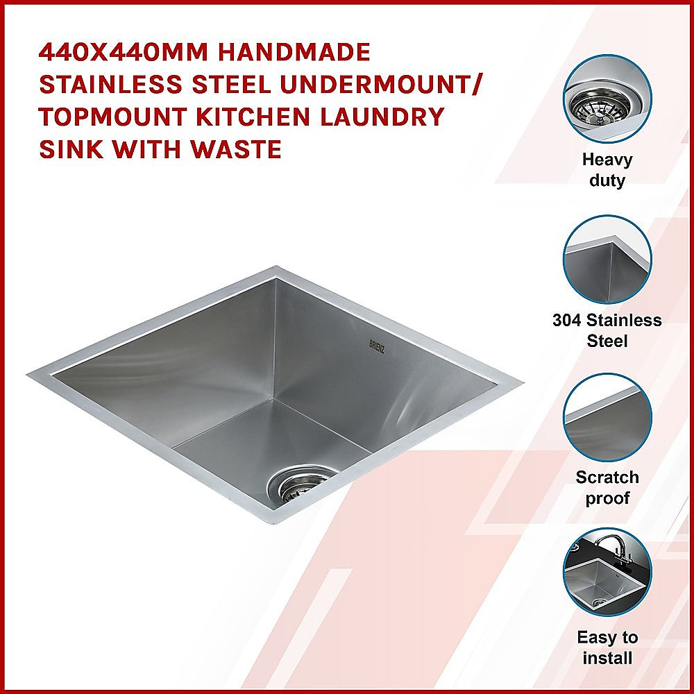 440x440mm Handmade Stainless Steel Undermount / Topmount Kitchen Laundry Sink with Waste
