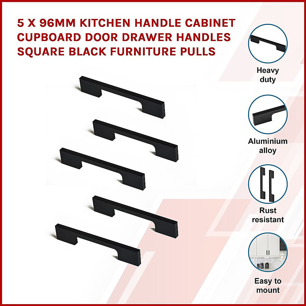 5 x 96mm Kitchen Handle Cabinet Cupboard Door Drawer Handles square Black furniture pulls