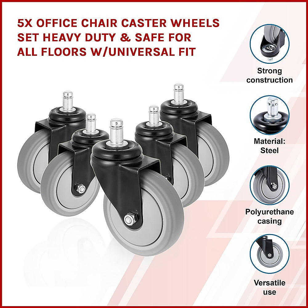 5x Office Chair Caster Wheels Set Heavy Duty & Safe for All Floors w/Universal Fit