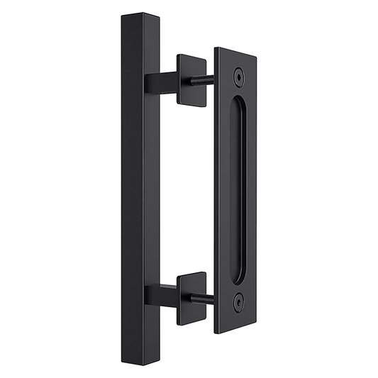 12" Square Pull and Flush Door Handle Set Black Barn Door Hardware