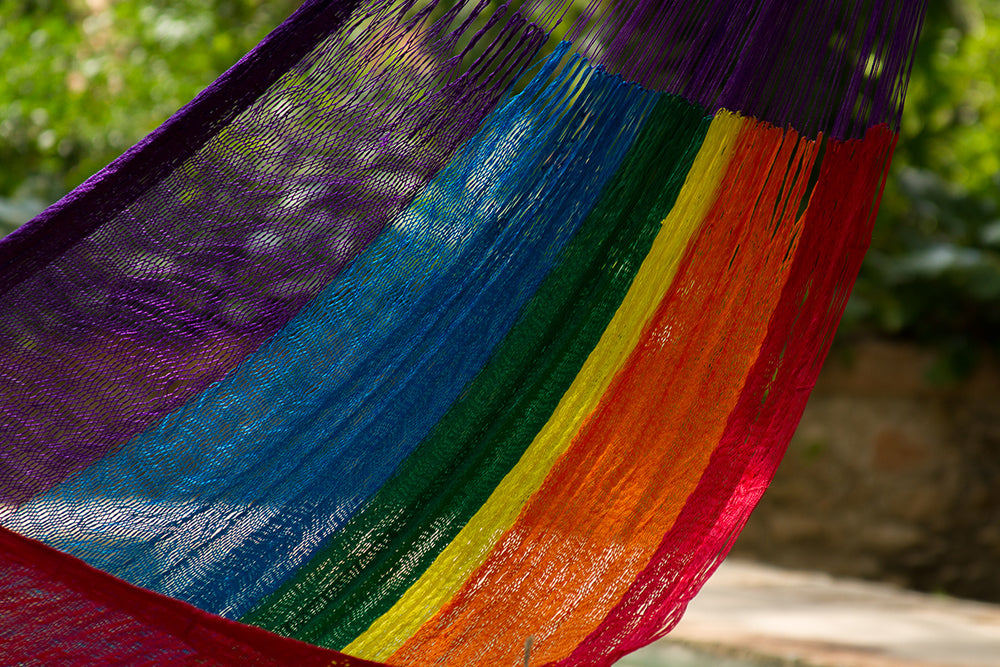 Outdoor undercover Mayan Legacy Nylon Mexican Hammock in rainbow colour
