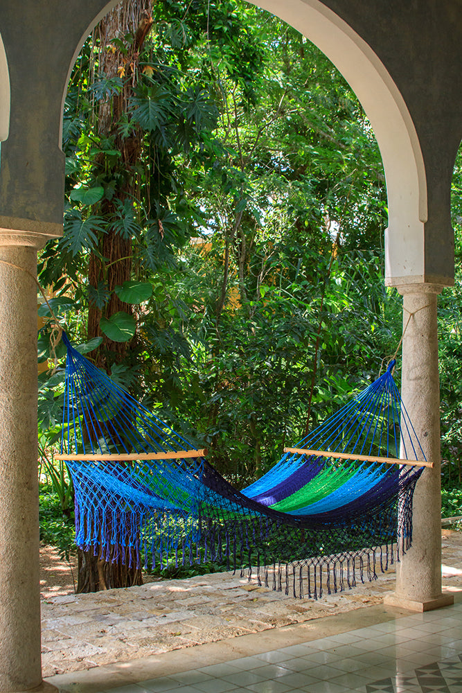 Mayan Legacy King Size Outdoor Cotton Mexican Resort Hammock With Fringe in Oceanica Colour